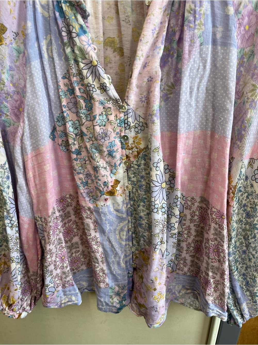 Floral Patchwork Long-Sleeve Women's Blouse in Pastel Pink & Lavender - Picture 3 of 14